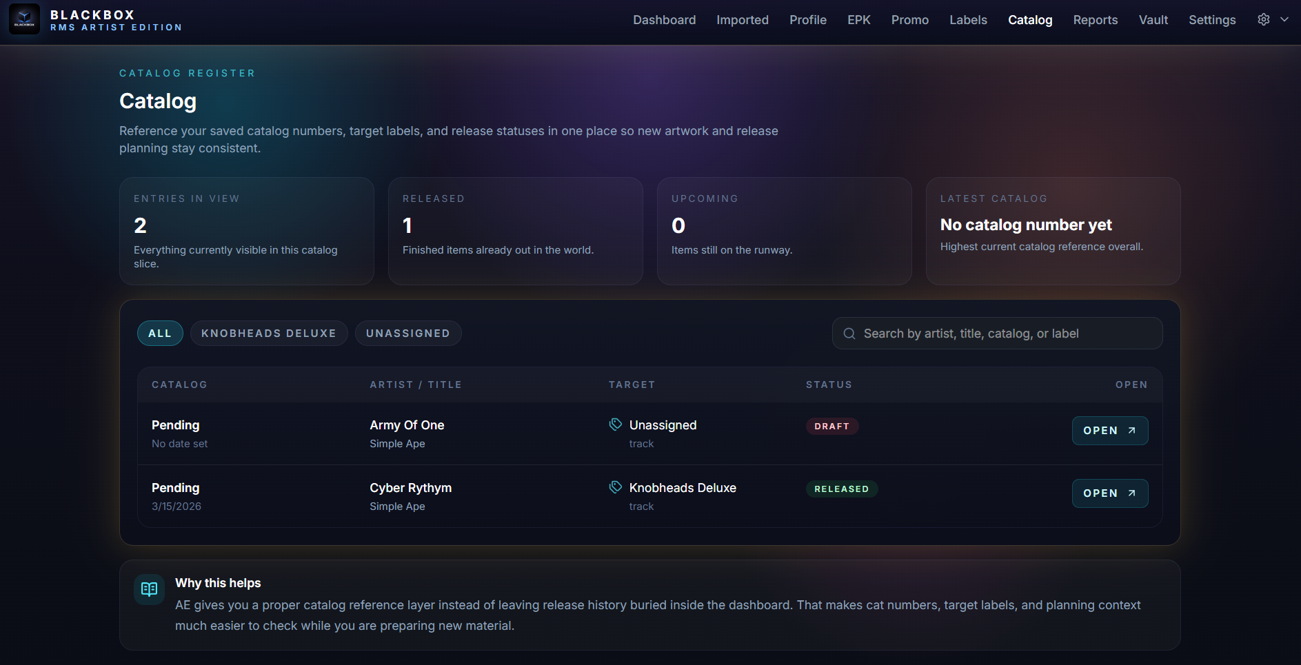 Blackbox RMS Artist Edition catalog view
