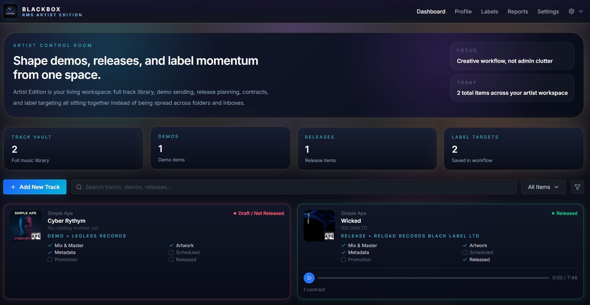 Blackbox RMS Artist Edition dashboard view