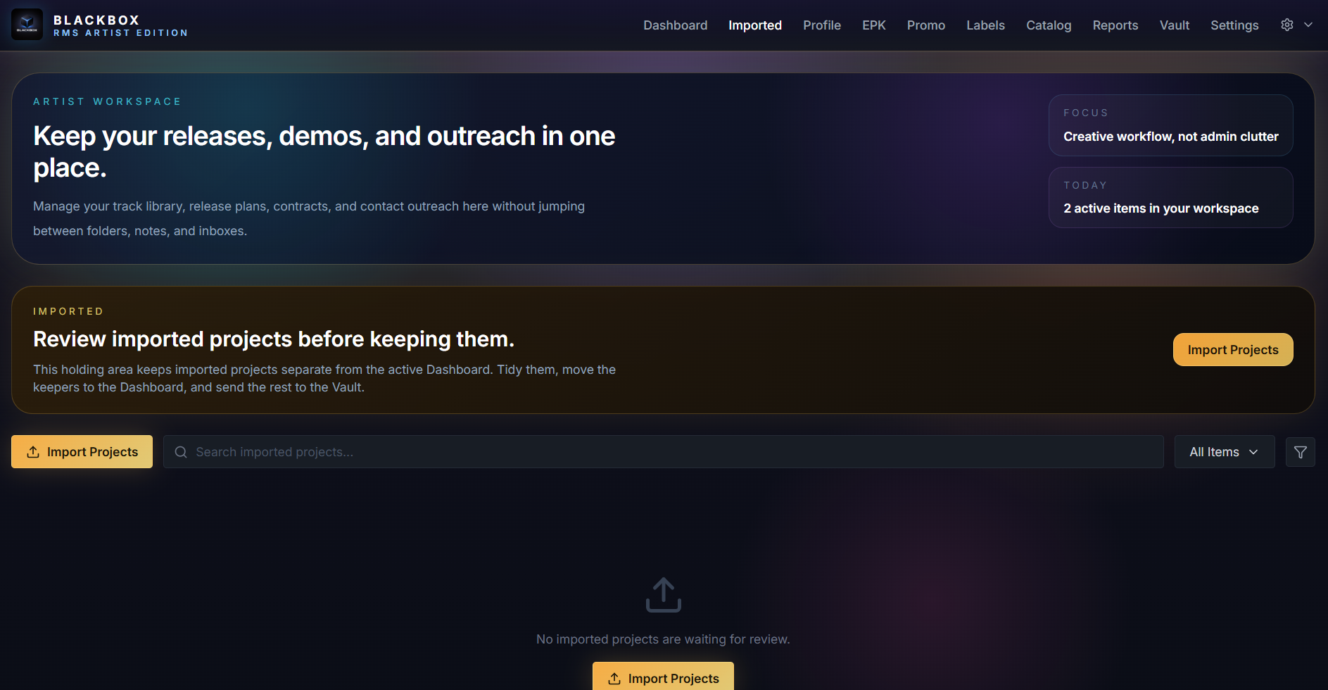 Blackbox RMS Artist Edition imported projects view