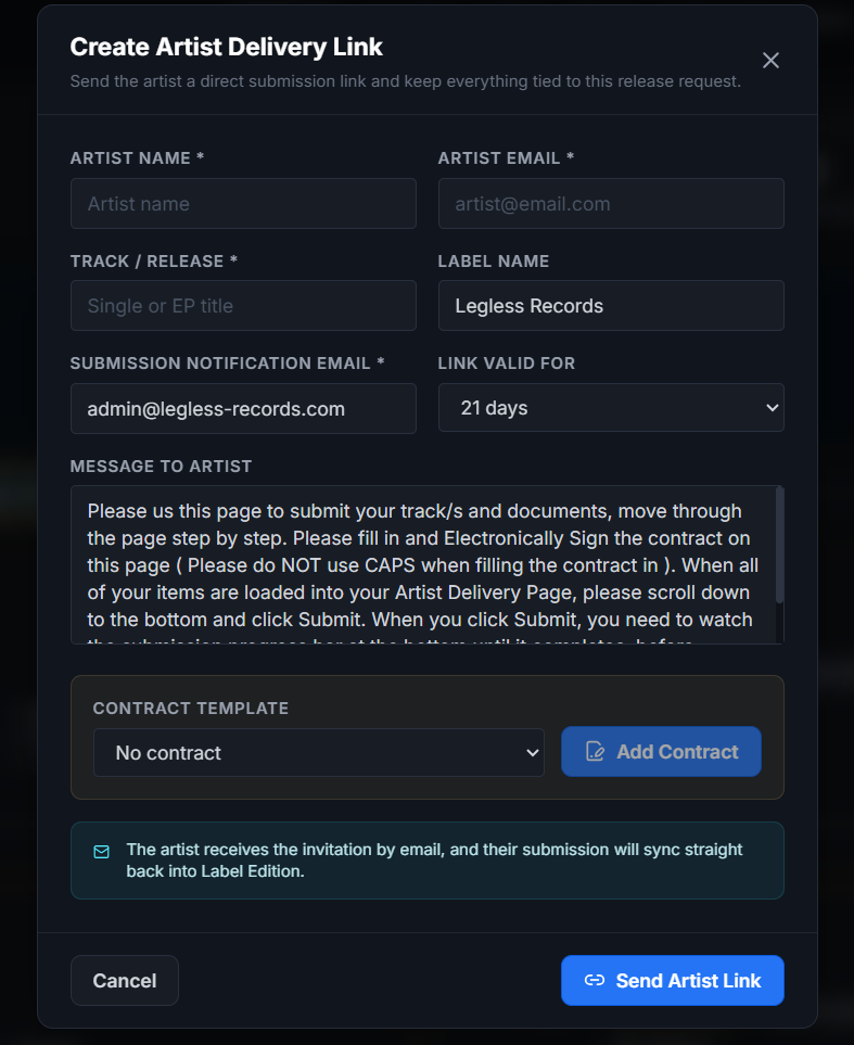 Blackbox RMS Label Edition artist link send flow