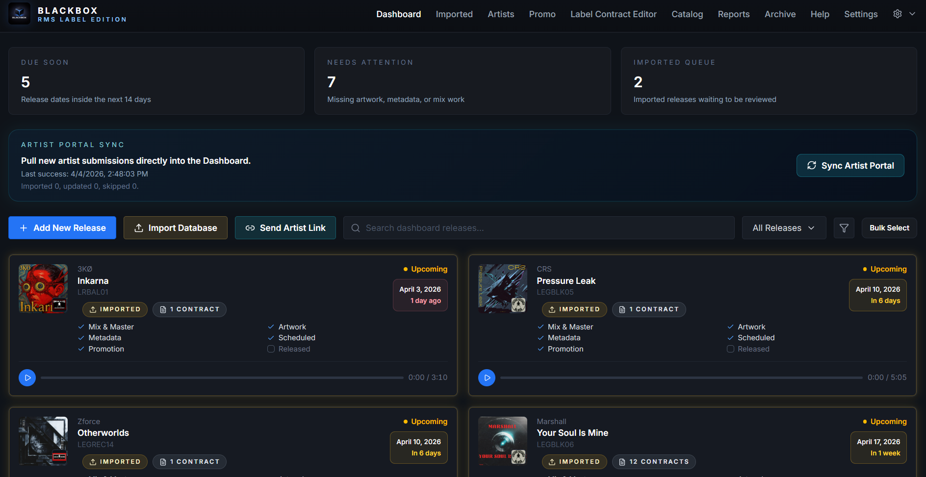 Blackbox RMS Label Edition dashboard view