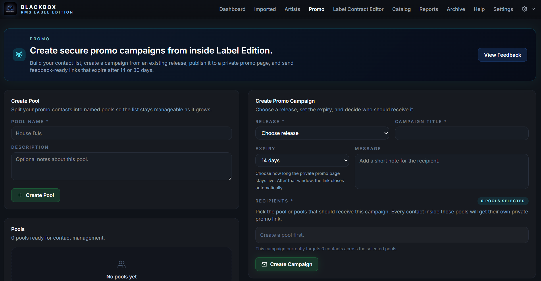 Blackbox RMS Label Edition promo page